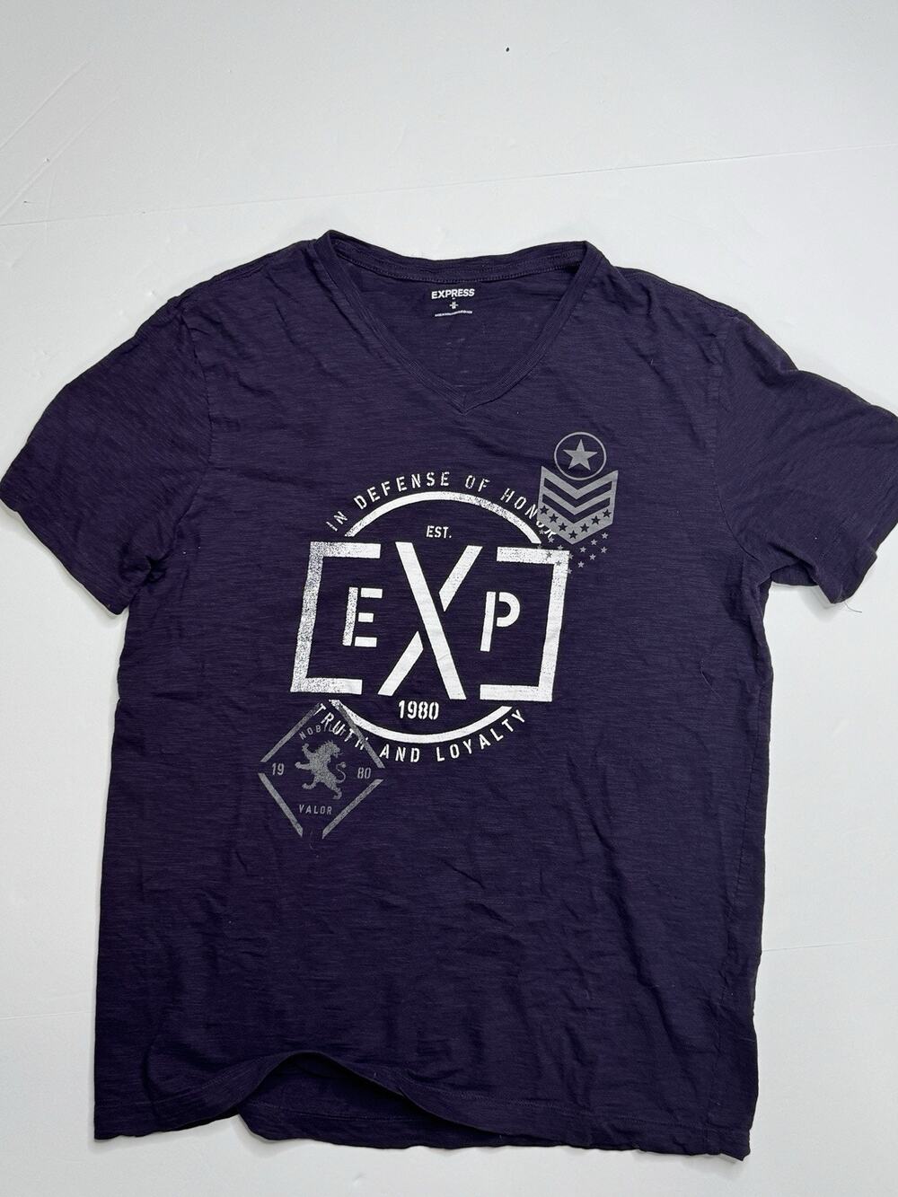 Express T Shirt Mens M Purple In Defense of Honor EXP 1980 V Neck Graphic